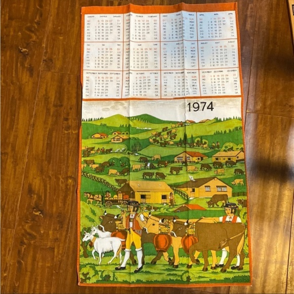 Vintage 1974 Dutch Farm Calendar Tea Towel Cow Kitchen Linen